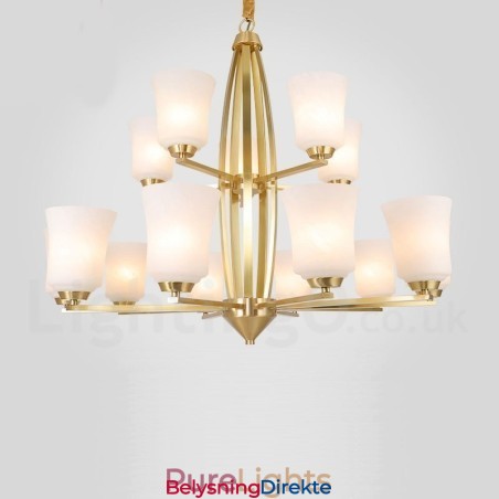 15 Lys Stor Luksuriøs Rustikk Retro Vintage Messing Lysekrone Med Glassskjermer