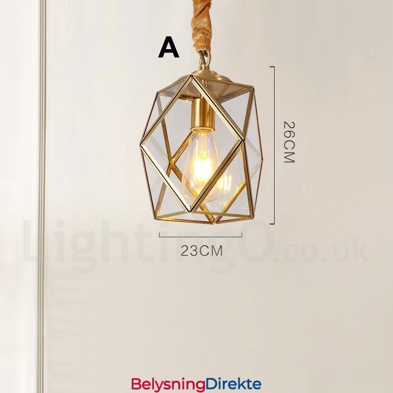 Rustikk Pendellampe I Nordisk Stil I Ren Messing Med Glassskjerm