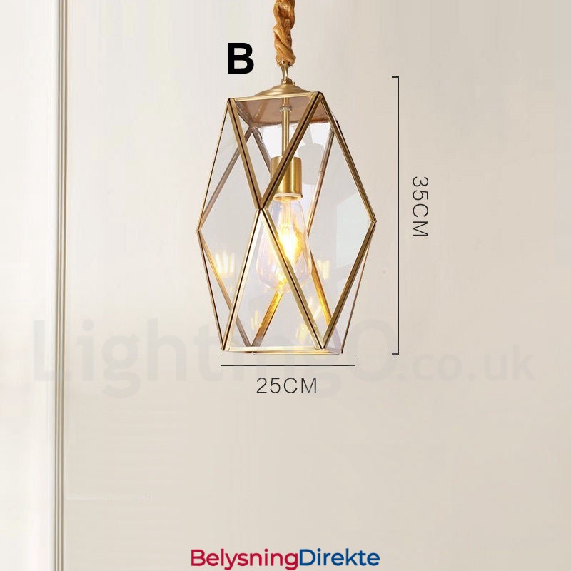 Rustikk Pendellampe I Nordisk Stil I Ren Messing Med Glassskjerm