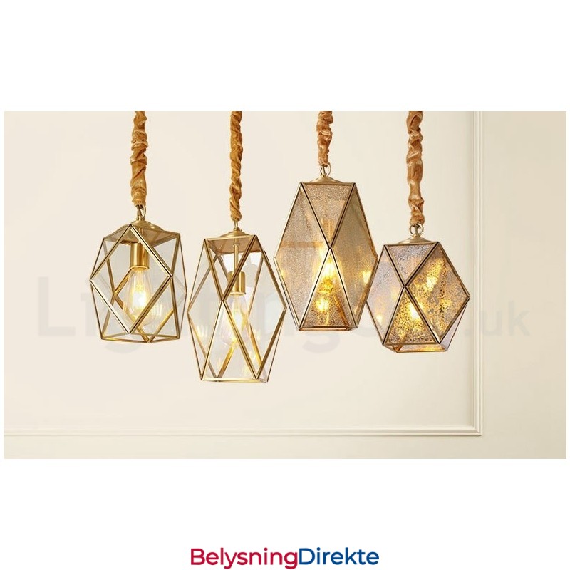 Rustikk Pendellampe I Nordisk Stil I Ren Messing Med Glassskjerm