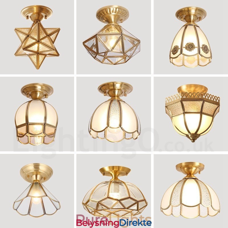 Rustikk Taklampe I Nordisk Stil I Ren Messing Med Glassskjerm