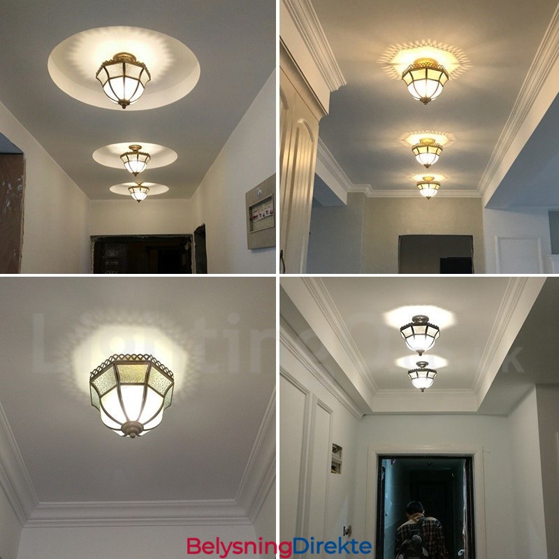 Rustikk Taklampe I Nordisk Stil I Ren Messing Med Glassskjerm