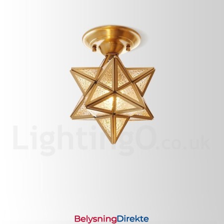 Rustikk Taklampe I Nordisk Stil I Ren Messing Med Glassskjerm