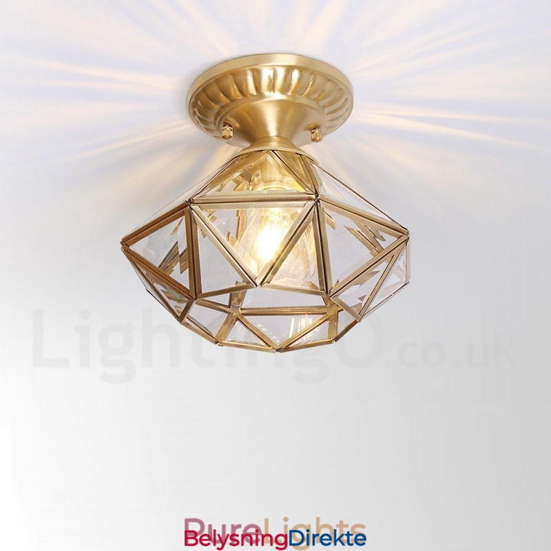 Rustikk Taklampe I Nordisk Stil I Ren Messing Med Glassskjerm