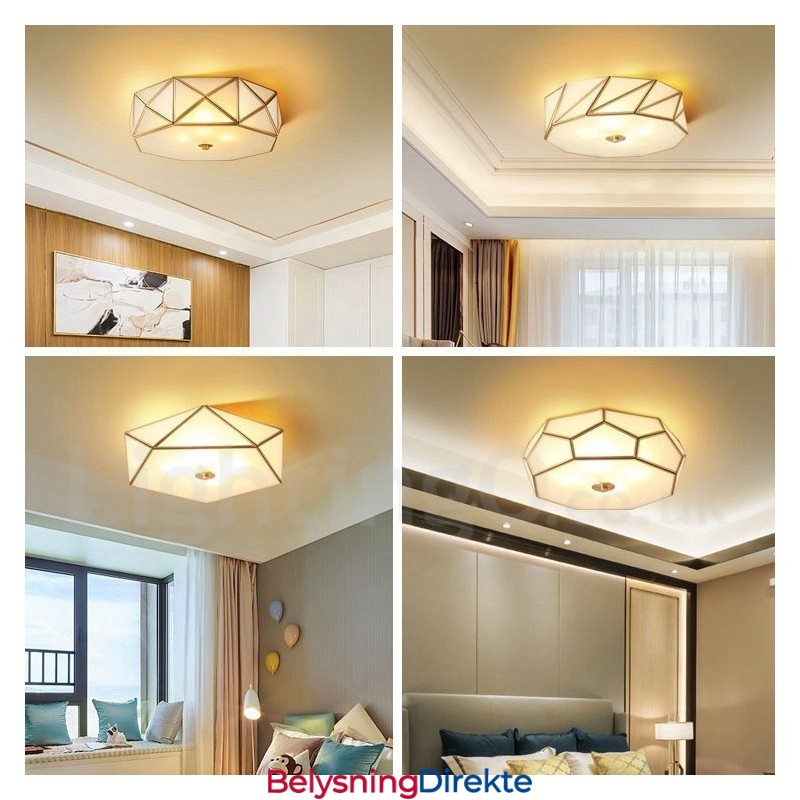 Rustikk Taklampe I Nordisk Stil I Ren Messing Med Glassskjerm