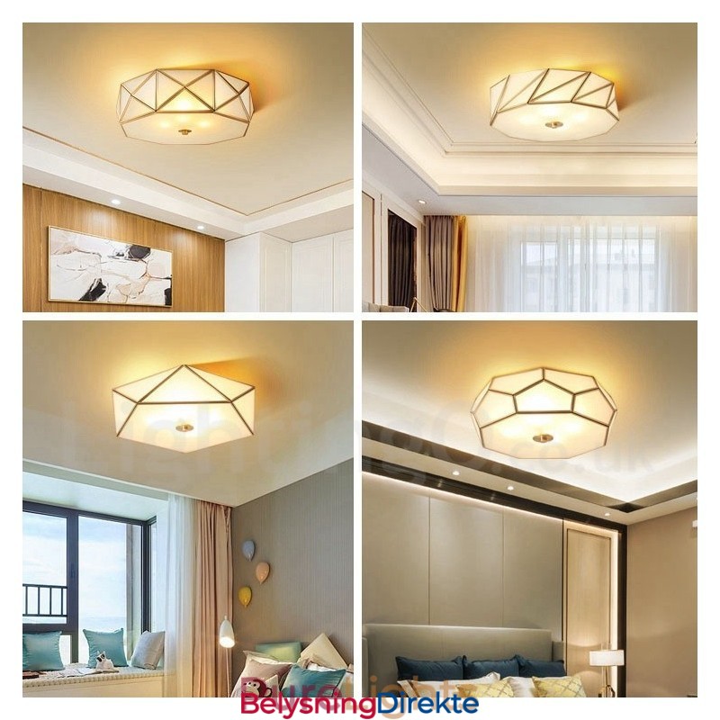 Rustikk Taklampe I Nordisk Stil I Ren Messing Med Glassskjerm