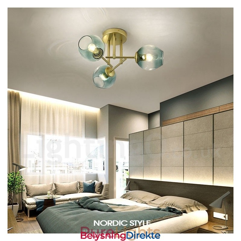 Rustikk Lysekrone I Rustfritt Stål Med 3 Lys Og Klare Eller Blå Glassskjermer