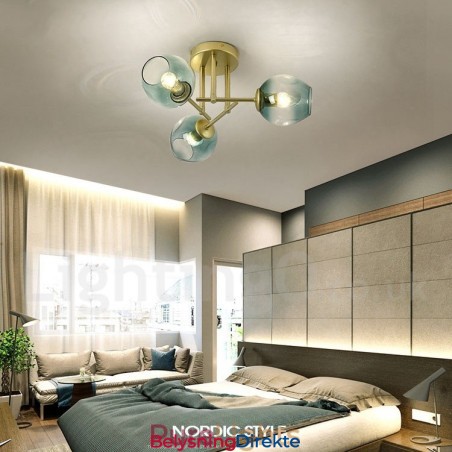 Rustikk Lysekrone I Rustfritt Stål Med 3 Lys Og Klare Eller Blå Glassskjermer