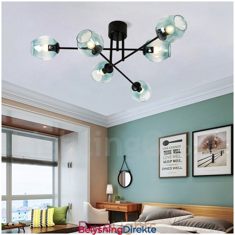 Rustikk Lysekrone I Rustfritt Stål Med 6 Lys Og Klare Eller Blå Glassskjermer