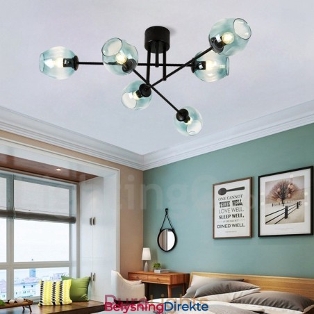 Rustikk Lysekrone I Rustfritt Stål Med 6 Lys Og Klare Eller Blå Glassskjermer