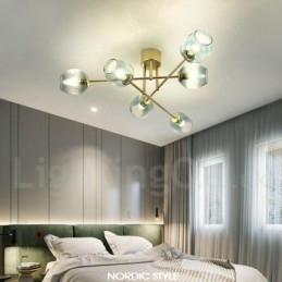 Rustikk Lysekrone I Rustfritt Stål Med 6 Lys Og Klare Eller Blå Glassskjermer