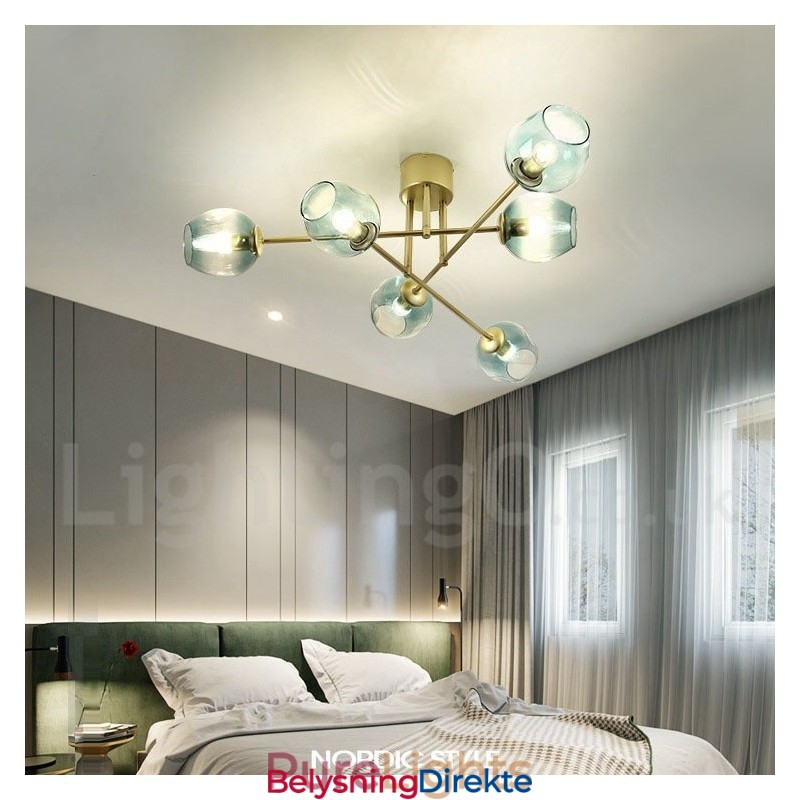 Rustikk Lysekrone I Rustfritt Stål Med 6 Lys Og Klare Eller Blå Glassskjermer