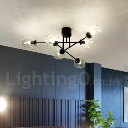 Rustikk Lysekrone I Rustfritt Stål Med 6 Lys Og Klare Eller Blå Glassskjermer