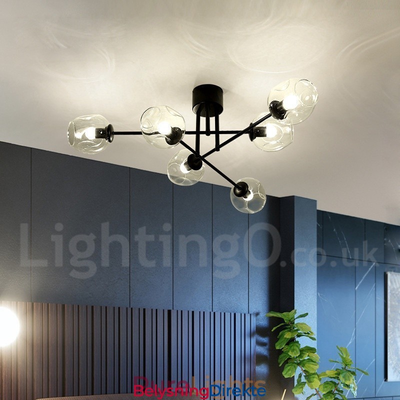 Rustikk Lysekrone I Rustfritt Stål Med 6 Lys Og Klare Eller Blå Glassskjermer