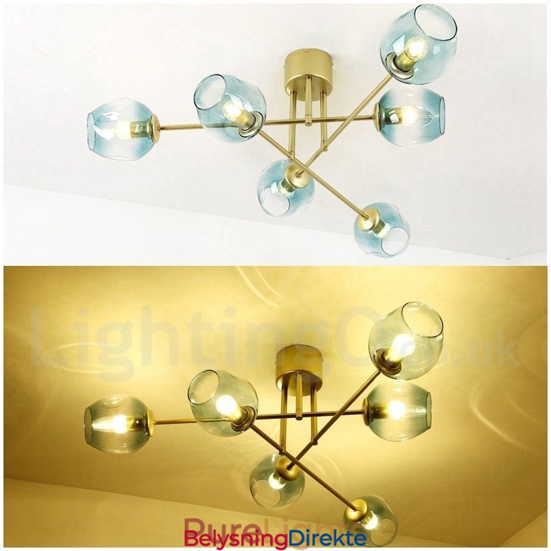 Rustikk Lysekrone I Rustfritt Stål Med 6 Lys Og Klare Eller Blå Glassskjermer