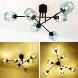 Rustikk Lysekrone I Rustfritt Stål Med 6 Lys Og Klare Eller Blå Glassskjermer