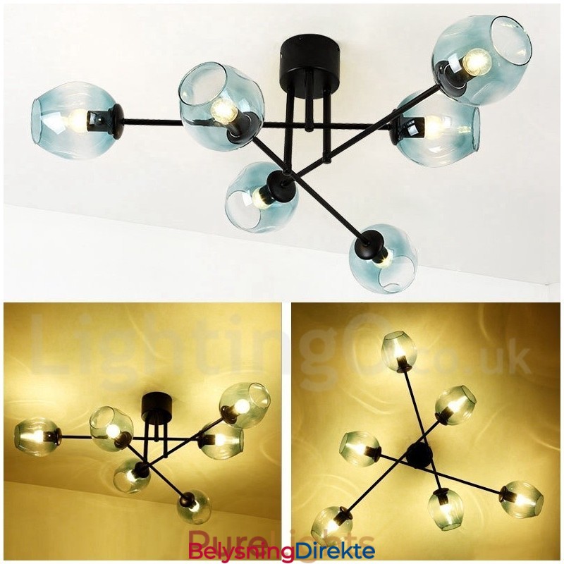 Rustikk Lysekrone I Rustfritt Stål Med 6 Lys Og Klare Eller Blå Glassskjermer