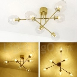 Rustikk Lysekrone I Rustfritt Stål Med 6 Lys Og Klare Eller Blå Glassskjermer