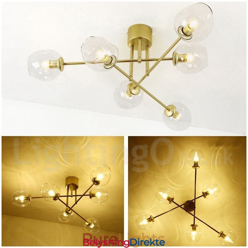 Rustikk Lysekrone I Rustfritt Stål Med 6 Lys Og Klare Eller Blå Glassskjermer