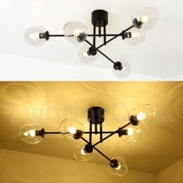 Rustikk Lysekrone I Rustfritt Stål Med 6 Lys Og Klare Eller Blå Glassskjermer