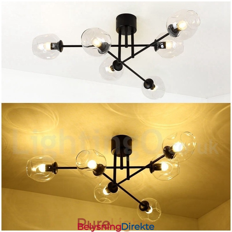 Rustikk Lysekrone I Rustfritt Stål Med 6 Lys Og Klare Eller Blå Glassskjermer