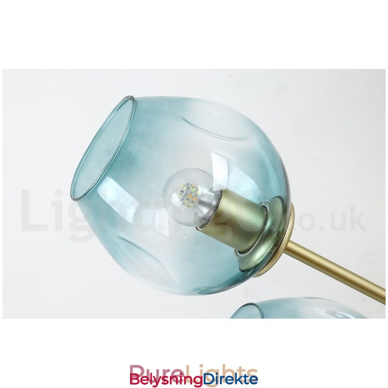 Rustikk Lysekrone I Rustfritt Stål Med 6 Lys Og Klare Eller Blå Glassskjermer