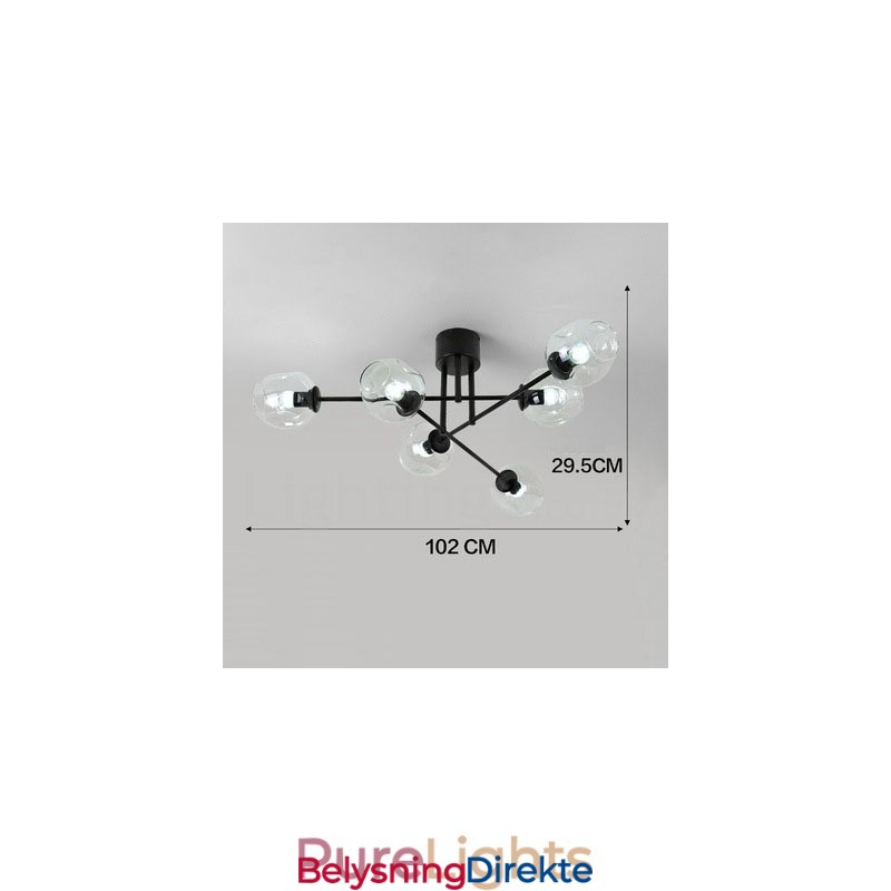 Rustikk Lysekrone I Rustfritt Stål Med 6 Lys Og Klare Eller Blå Glassskjermer