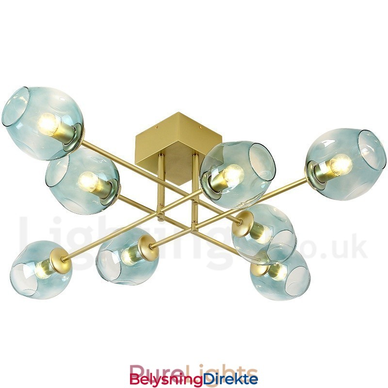 Rustikk Lysekrone I Rustfritt Stål Med 8 Lys Og Klare Eller Blå Glassskjermer
