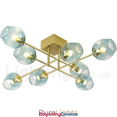 Rustikk Lysekrone I Rustfritt Stål Med 8 Lys Og Klare Eller Blå Glassskjermer