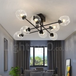 Rustikk Lysekrone I Rustfritt Stål Med 8 Lys Og Klare Eller Blå Glassskjermer