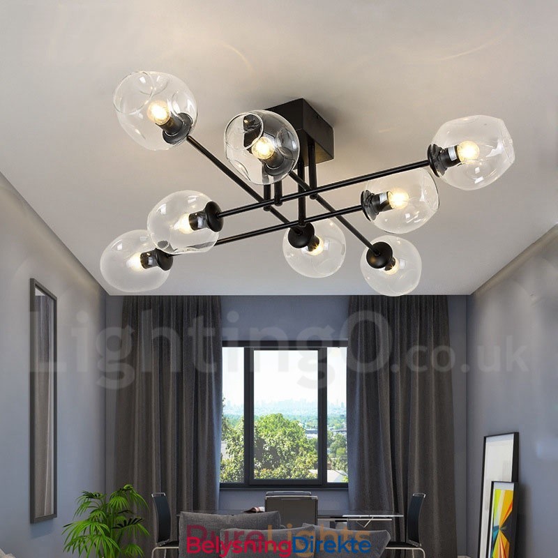 Rustikk Lysekrone I Rustfritt Stål Med 8 Lys Og Klare Eller Blå Glassskjermer