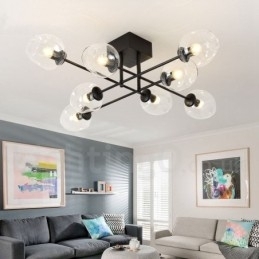 Rustikk Lysekrone I Rustfritt Stål Med 8 Lys Og Klare Eller Blå Glassskjermer