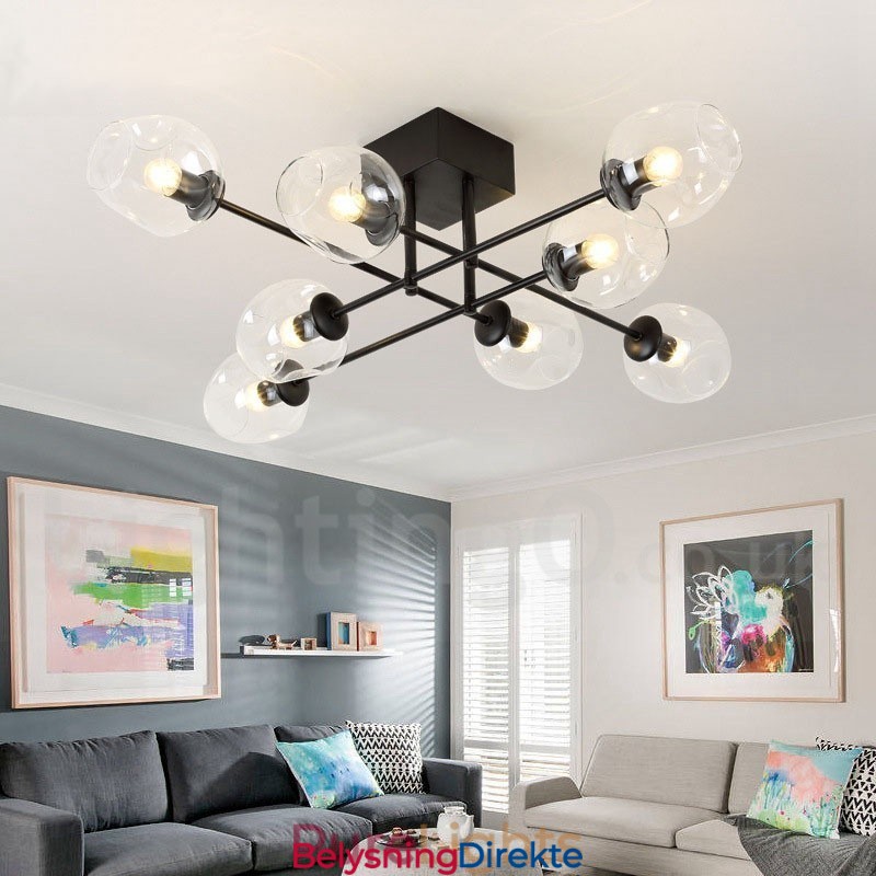 Rustikk Lysekrone I Rustfritt Stål Med 8 Lys Og Klare Eller Blå Glassskjermer