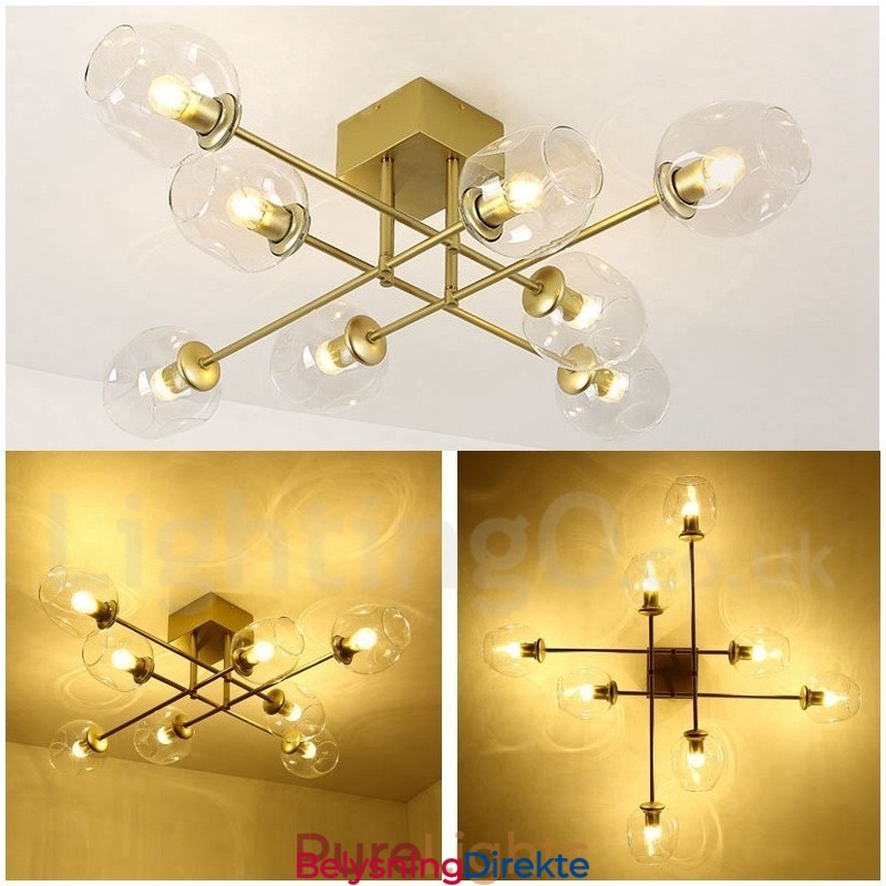 Rustikk Lysekrone I Rustfritt Stål Med 8 Lys Og Klare Eller Blå Glassskjermer