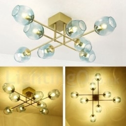 Rustikk Lysekrone I Rustfritt Stål Med 8 Lys Og Klare Eller Blå Glassskjermer