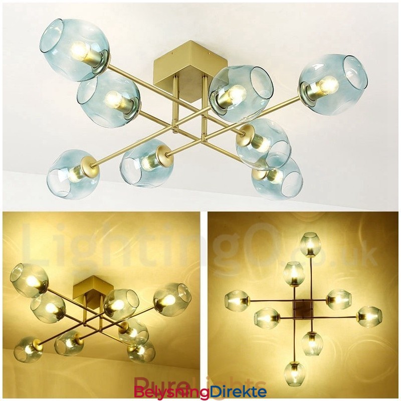 Rustikk Lysekrone I Rustfritt Stål Med 8 Lys Og Klare Eller Blå Glassskjermer