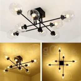 Rustikk Lysekrone I Rustfritt Stål Med 8 Lys Og Klare Eller Blå Glassskjermer