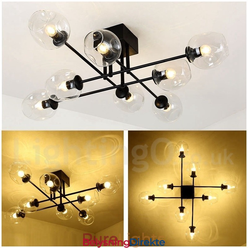 Rustikk Lysekrone I Rustfritt Stål Med 8 Lys Og Klare Eller Blå Glassskjermer