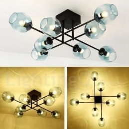 Rustikk Lysekrone I Rustfritt Stål Med 8 Lys Og Klare Eller Blå Glassskjermer