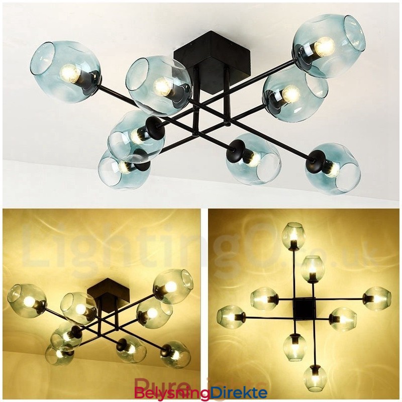 Rustikk Lysekrone I Rustfritt Stål Med 8 Lys Og Klare Eller Blå Glassskjermer