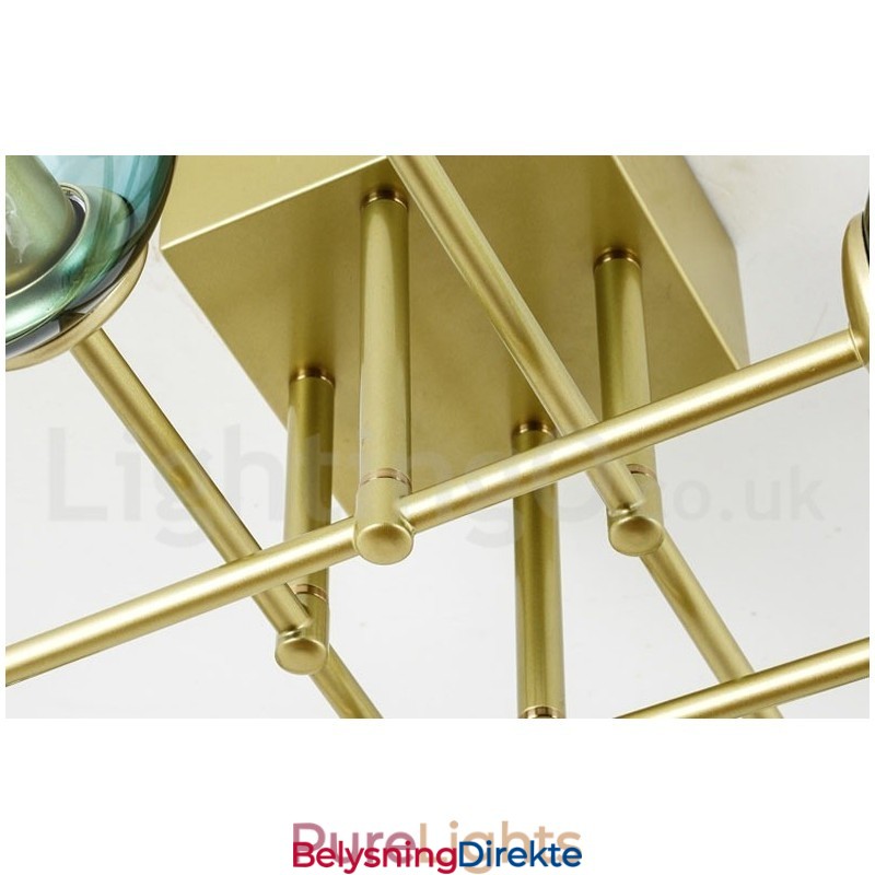 Rustikk Lysekrone I Rustfritt Stål Med 8 Lys Og Klare Eller Blå Glassskjermer