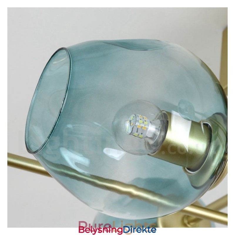 Rustikk Lysekrone I Rustfritt Stål Med 8 Lys Og Klare Eller Blå Glassskjermer