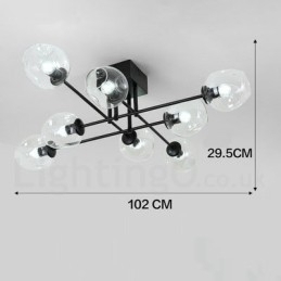 Rustikk Lysekrone I Rustfritt Stål Med 8 Lys Og Klare Eller Blå Glassskjermer