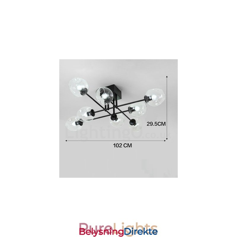 Rustikk Lysekrone I Rustfritt Stål Med 8 Lys Og Klare Eller Blå Glassskjermer