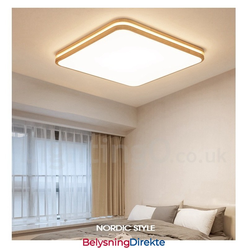 Firkantet Tre Med Linse Moderne, Samtidskunstnerisk Nordisk Stil Innfelt Taklampe I Tre Med Akrylskjerm Og Fjernkontroll Kan Også Brukes Som Vegglampe