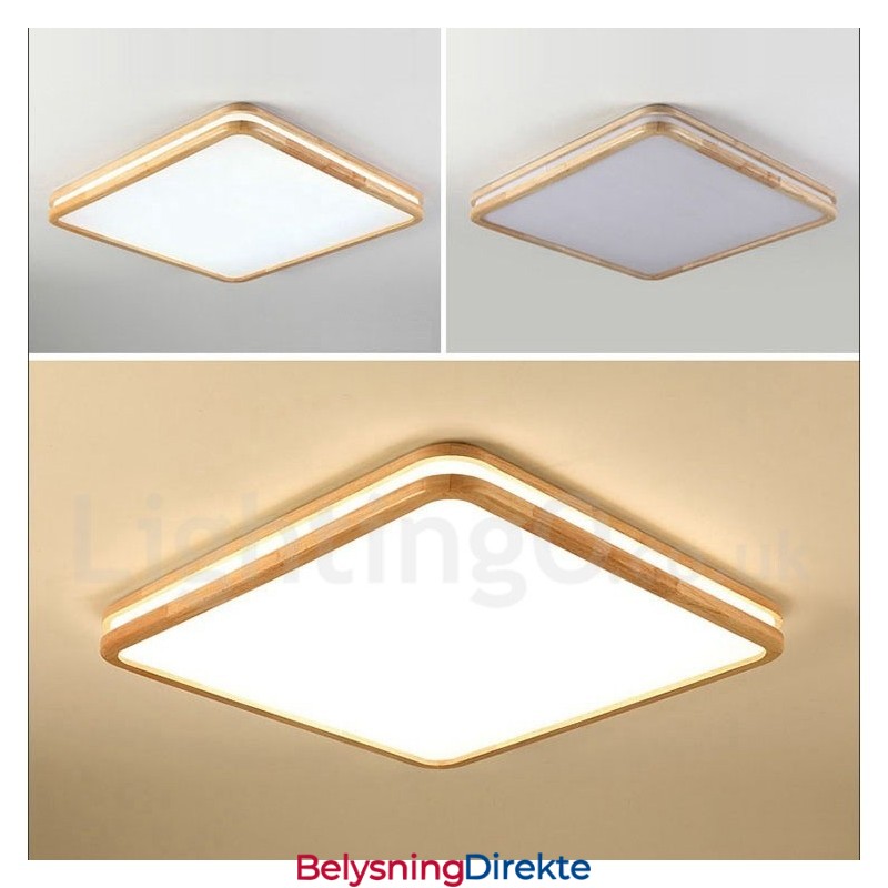 Firkantet Tre Med Linse Moderne, Samtidskunstnerisk Nordisk Stil Innfelt Taklampe I Tre Med Akrylskjerm Og Fjernkontroll Kan Også Brukes Som Vegglampe