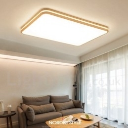 Dimmbar Rektangulær Trelampe Med Linse, Moderne, Samtidskunstnerisk Nordisk Stil, Innfelt Taklampe I Tre Med Akrylskjerm Og Fjernkontroll, Kan Også Brukes Som Vegglampe