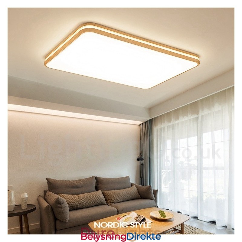 Dimmbar Rektangulær Trelampe Med Linse, Moderne, Samtidskunstnerisk Nordisk Stil, Innfelt Taklampe I Tre Med Akrylskjerm Og Fjernkontroll, Kan Også Brukes Som Vegglampe