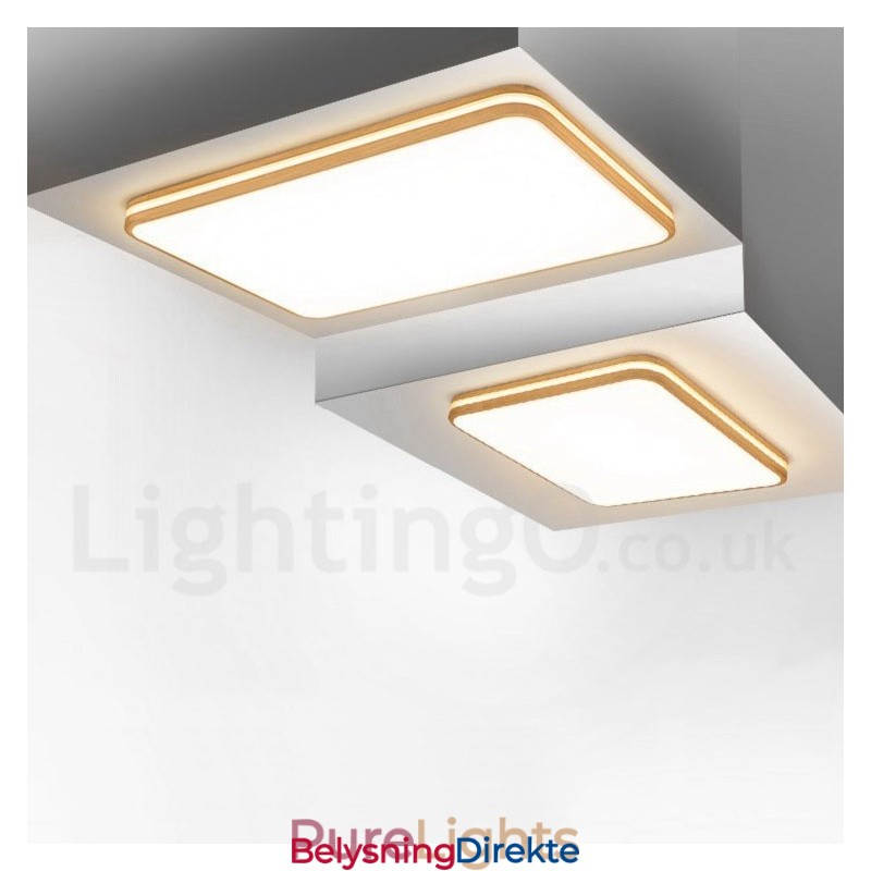 Dimmbar Rektangulær Trelampe Med Linse, Moderne, Samtidskunstnerisk Nordisk Stil, Innfelt Taklampe I Tre Med Akrylskjerm Og Fjernkontroll, Kan Også Brukes Som Vegglampe