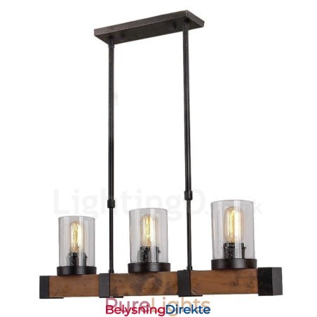 3-Lys Vintage Trelysekrone Industriell Vindloft Tre Lineær Pendelbelysning